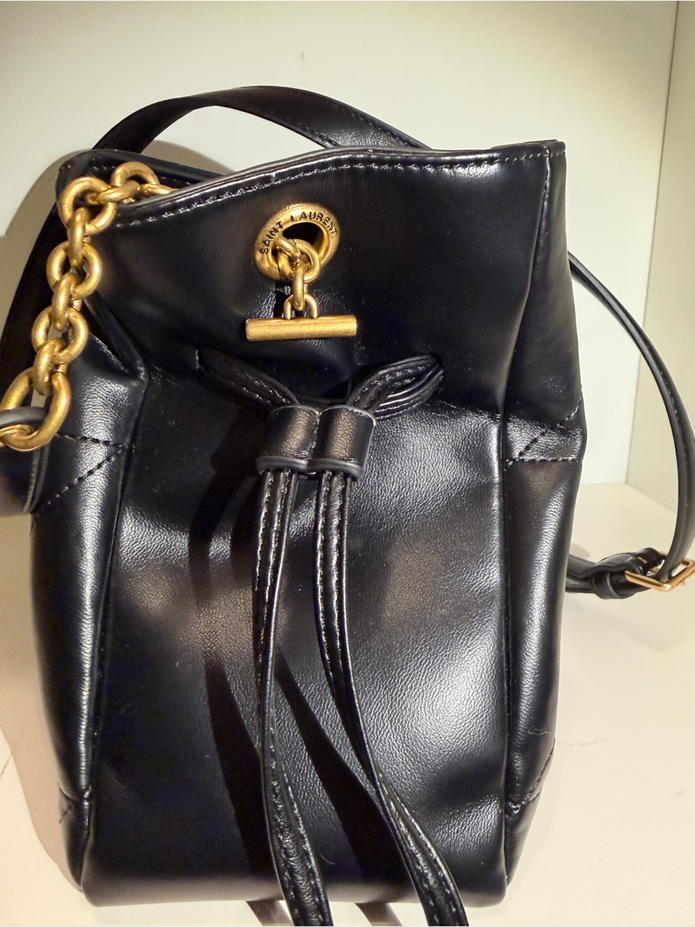 Black Quilted Leather Drawstring Tote with Gold - Picture 2 of 6